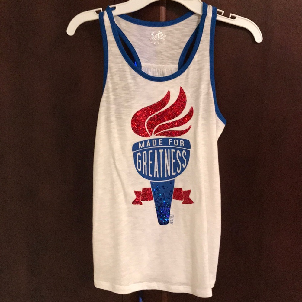 Justice White Tank Top with Blue and Red Glitter Graphic